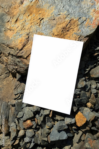 Mockup of white A4 sheet on stones of mountain rivers. Layout of poster on stone background. Poster mockup, blank with space for text, presentation template