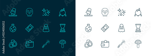 Set line Witch cauldron, Wallet, Ghost, Magic wand, Circus ticket, Magical glitter particles, Game thimbles and Skull icon. Vector