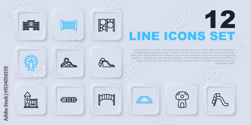 Set line Mushroom house, Slide playground, Monkey bar, Ferris wheel, Education logic game, and Playground kids bridge icon. Vector