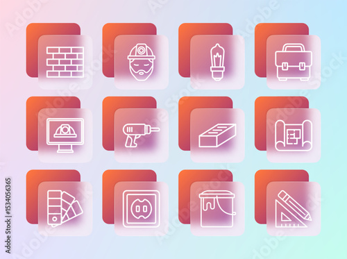 Set line Toolbox, Electrical outlet, Brick, Paint bucket, drill machine, Light bulb, Bricks and Builder icon. Vector