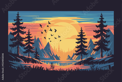 Dramatic Sunset Mountain Landscape Silhouette Birds Flying Pines
