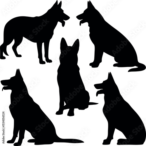 Five German Shepherd Dog Silhouettes Black White vector