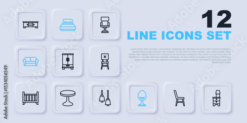 Set line Chair, Furniture nightstand with lamp, Wardrobe, Armchair, Sofa, Round table, Big bed and Lamp hanging icon. Vector