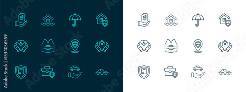 Set line House with shield, Briefcase, Location, Car insurance, Life jacket, Umbrella, Contract hand and flood icon. Vector