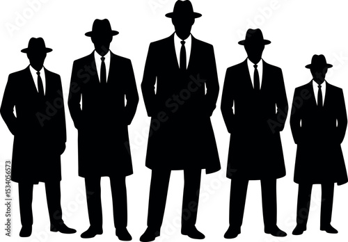 Five Men Black Suits Hats Silhouettes Standing vector