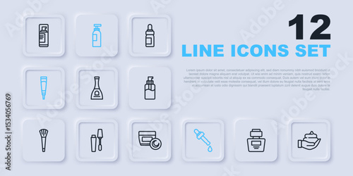 Set line Perfume, Shaving foam on hand, Bottle of nail polish, Pipette with oil, Cream or lotion cosmetic tube, Mascara brush, shampoo and icon. Vector