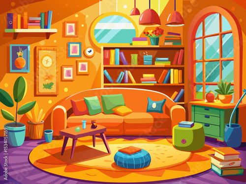 vector of The vibrant orange room creates a fun and educational environment with a comfortable sofa, colorful cushions, and bookshelves filled with children's books.