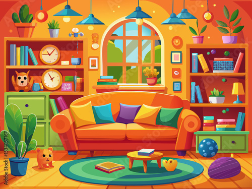 vector of The vibrant orange room creates a fun and educational environment with a comfortable sofa, colorful cushions, and bookshelves filled with children's books.
