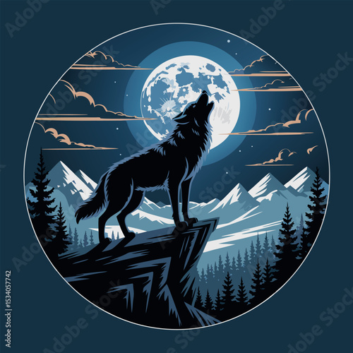 Lone Wolf Howling at Night Under Full Moon Mountains Forest