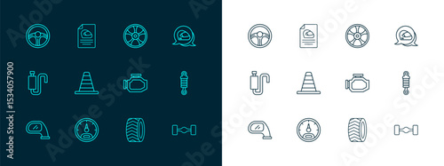 Set line Racing helmet, Speedometer, Check engine, Car tire wheel, Traffic cone, Alloy for car, steering and icon. Vector