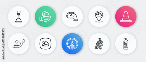 Set line Speedometer, Traffic cone, Automotive turbocharger, Racing track, helmet, Car mirror, Nitrous oxide and icon. Vector