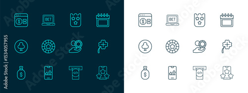 Set line Calendar, Online sports betting, Hand holding casino chips, Automated teller machine money, Casino, Lottery ticket, poker table game and icon. Vector