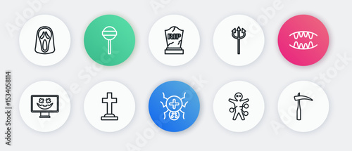 Set line Spider, Vampire teeth, Happy Halloween holiday, Voodoo doll, Trident devil, Tombstone with RIP written, Scythe and cross icon. Vector