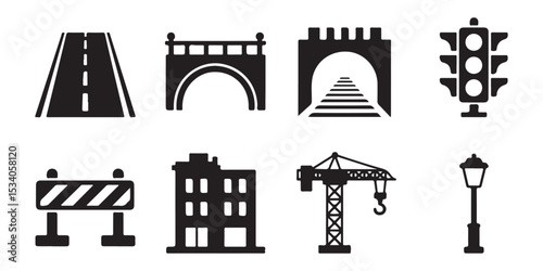 Urban infrastructure icons road, bridge, tunnel, traffic light vector illustration