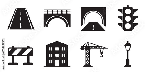 Urban infrastructure icons road, bridge, tunnel, traffic light vector illustration