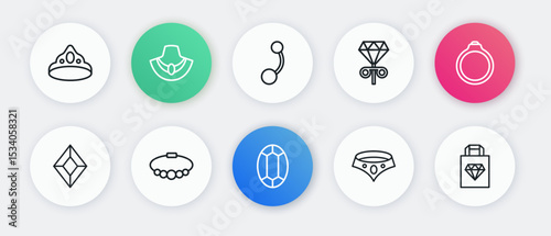 Set line Gem stone, Diamond engagement ring, Necklace, Stud earrings, Piercing, Shopping bag jewelry and Bracelet icon. Vector