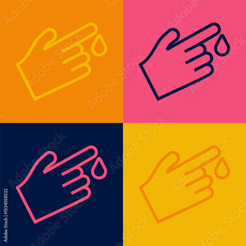 Pop art line Hand finger with blood drops icon isolated on isolated on color background. Diabetes, sugar blood. Vector