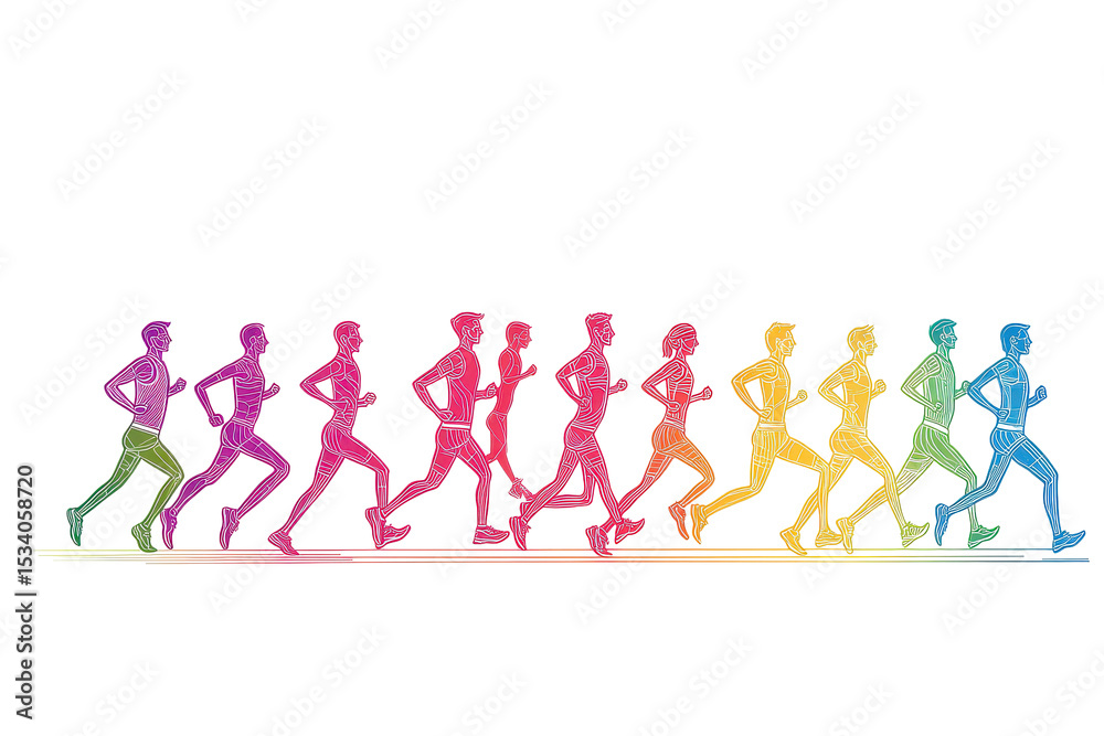 Obraz premium Colorful illustration of a runner in motion showcasing a progression from left to right with distinct rainbow hues in a dynamic running pose