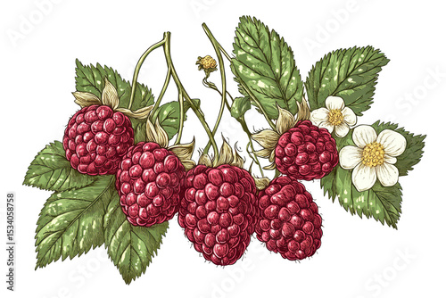 Modern drawings of raspberries with detailed leaves and flowers showcasing the vibrant red fruit in a natural arrangement emphasizing seasonal harvest