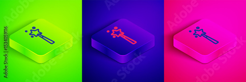 Isometric line Magic wand icon isolated on green, blue and pink background. Star shape magic accessory. Magical power. Square button. Vector