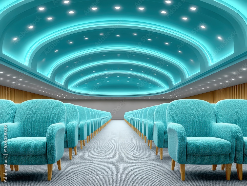 Fototapeta premium Symmetrical Silver Ceiling Design in a Modern Conference Auditorium