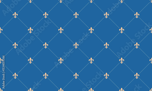 Elegant royal blue background with a repeating pattern of fleurdelis, creating a sophisticated and classic design perfect for websites, invitations, or textile prints.