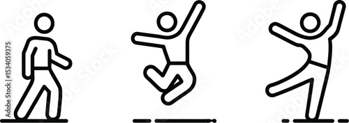 Three icons showing different poses of a person walking jumping and dancing on a white background design