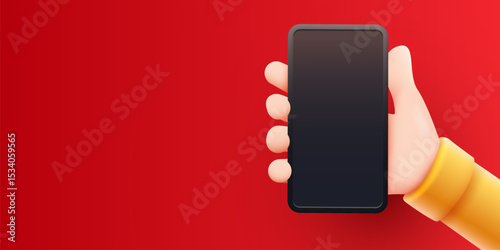 Cute cartoon hand holding mobile smart phone. Modern mockup.