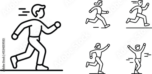 Line art illustration of people running and celebrating with motion lines on a white background