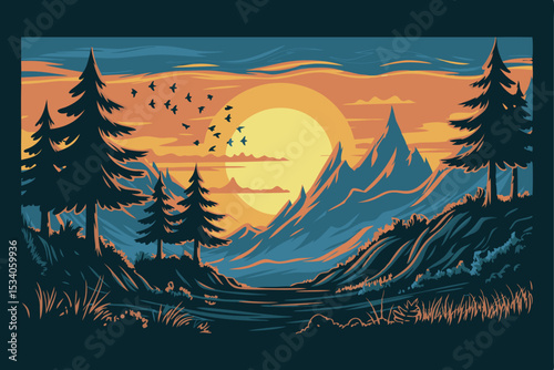 Sunset Mountain Landscape Silhouette Birds Flying Pines Trees