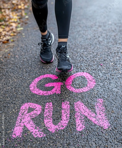 A focused runner strides over pink chalk letters saying 'GO RUN' on the pavement, representing determination and motivation while embracing an active lifestyle in a natural setting.