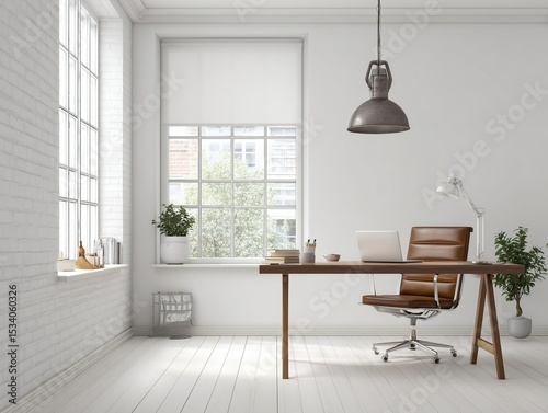 Wallpaper Mural White and Green Home Office Design, Wooden Desk with Leather Chair & Pendant Lamp, Sunny Minimalist Workspace for Business Style, Clean Tidy Interior Torontodigital.ca