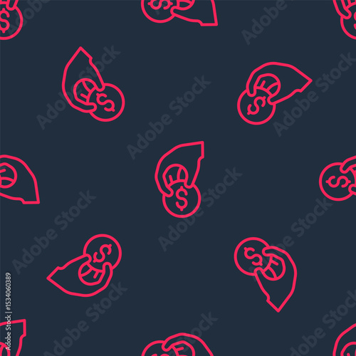 Red line Hand holding casino chips icon isolated seamless pattern on black background. Casino gambling. Vector