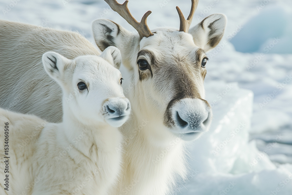 Obraz premium A white reindeer and its baby in the snow