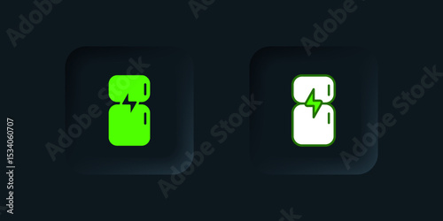Green Refrigerator icon isolated on black background. Fridge freezer refrigerator. Household tech and appliances. Black square button. Vector