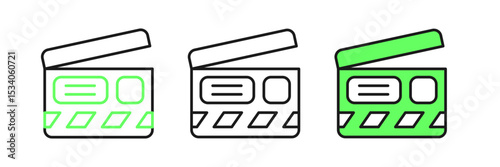 Set line Movie clapper icon isolated on white background. Film clapper board. Clapperboard sign. Cinema production or media industry. Vector