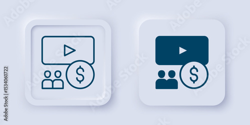 Filled and outline Cinema auditorium with screen icon isolated on grey background. Square button. Vector