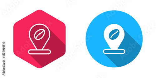 Filled and outline Location with coffee bean icon isolated with long shadow background. Vector