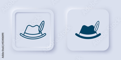 Filled and outline Oktoberfest hat icon isolated on grey background. Hunter hat with feather. German hat. Square button. Vector