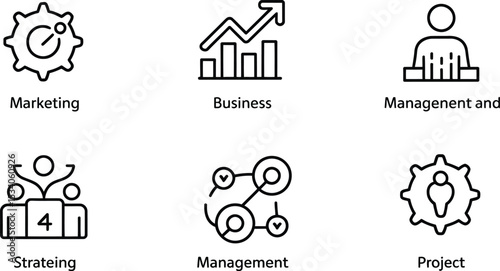 A set of six business icons depicting marketing, business, management, strategy, and project management