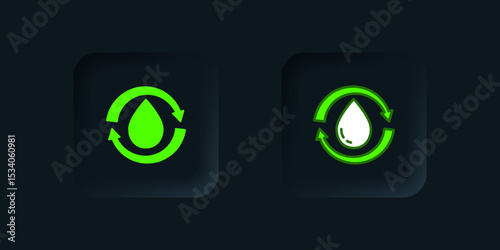Green Recycle clean aqua icon isolated on black background. Drop of water with sign recycling. Black square button. Vector