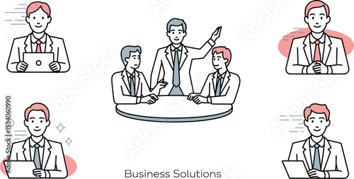 Illustration of business meeting with five people and laptops on a white background with light colors
