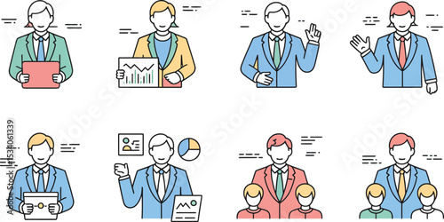 Eight business people in various poses and presentations with different colored suits and backgrounds