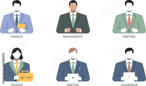 Six business avatars representing finance management meeting and leadership roles in a professional setting