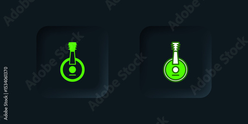Green Banjo icon isolated on black background. Musical instrument. Black square button. Vector