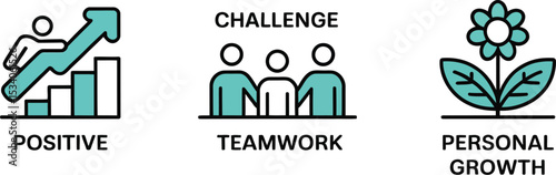 Illustration with positive growth, teamwork challenge, and personal growth flower icons on light background