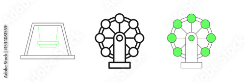 Set line Ferris wheel icon isolated on white background. Amusement park. Childrens entertainment playground, recreation park. Vector