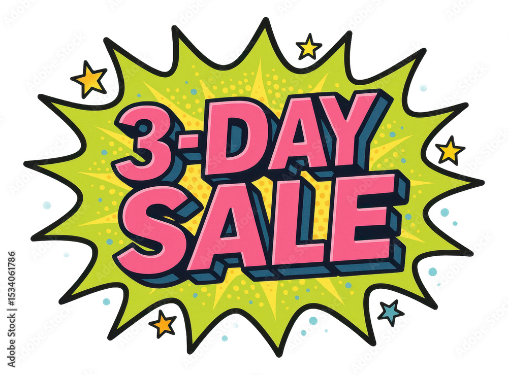 Fototapeta premium Green burst sticker with 3-DAY SALE in bold comic style, dynamic retail promo offer on transparent background.