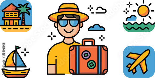 Cartoon icons depicting travel themes with a tourist holding a suitcase and travel destinations shown