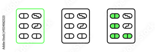 Set line Pills in blister pack icon isolated on white background. Medical drug package for tablet, vitamin, antibiotic, aspirin. Vector